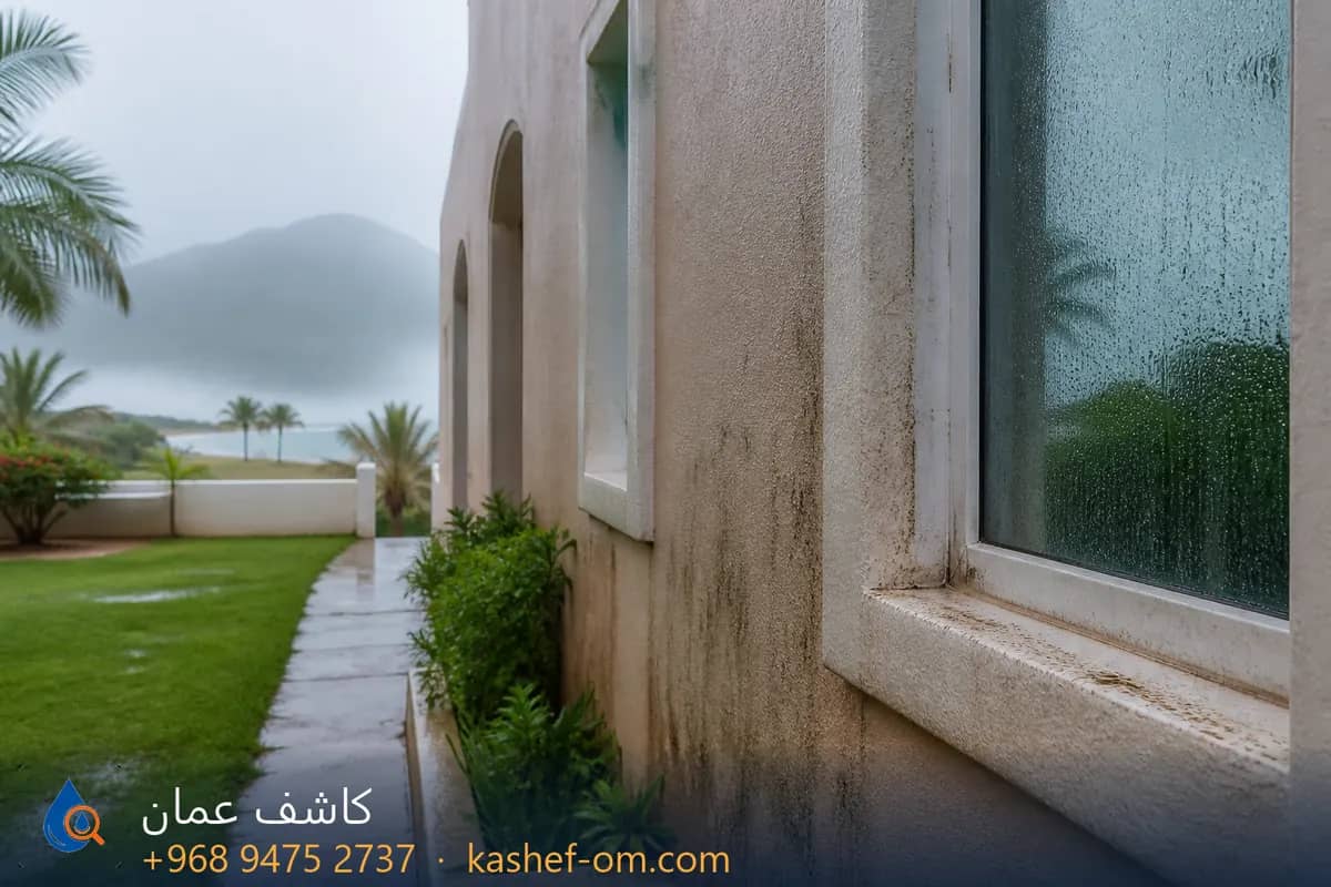 رطوبة وتكثف على جدار خارجي في موسم خريف صلالة — تمييز الرطوبة من التسريب