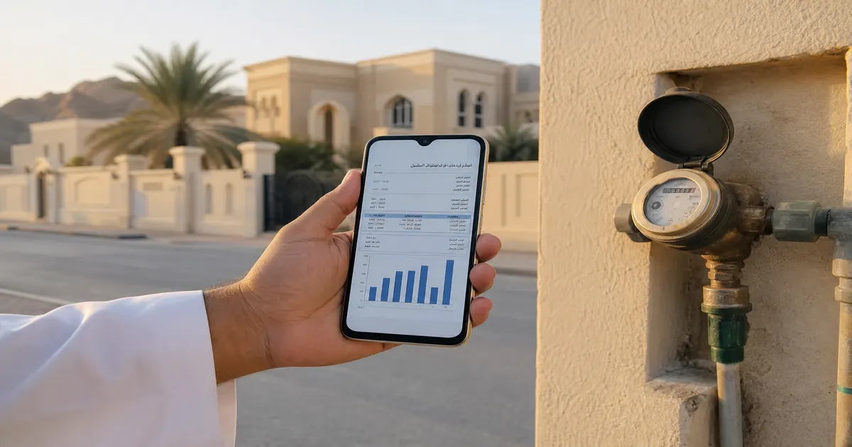 هاتف يعرض فاتورة مياه وعداد منزلي — تشخيص ارتفاع فاتورة نماء في عُمان